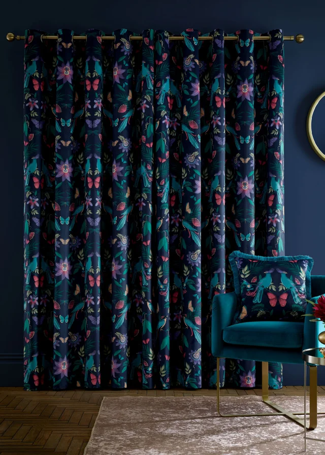 Catherine Lansfield Mya Tropical Birds Eyelet Curtains Navy Blue
