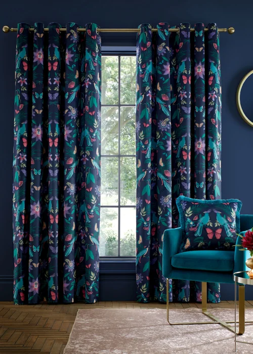 Catherine Lansfield Mya Tropical Birds Eyelet Curtains Navy Blue - 46W X 54D (117x137cm) Image 1