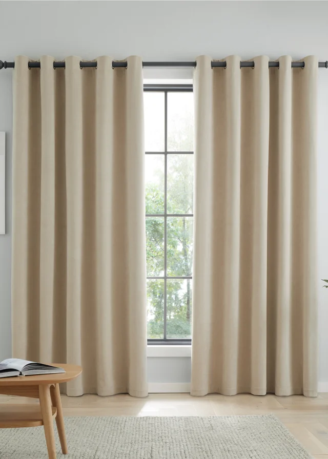 Catherine Lansfield Wilson Velvet Blackout Thermal Eyelet Curtains Natural