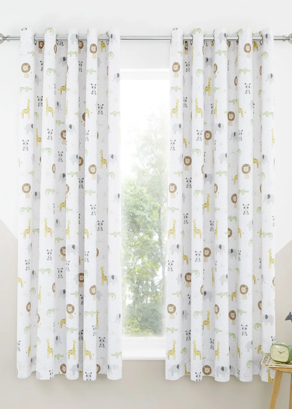Catherine Lansfield Roarsome Animals Black Out Lined Eyelet Curtains Natural - 66W X 72D (168x183cm) Image 1
