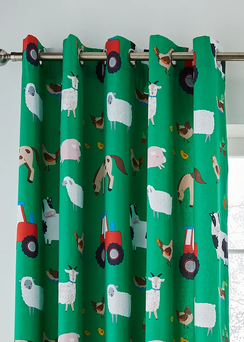 Catherine Lansfield Farmyard Animals Fully Reversible Eyelet Curtains Green - 66W X 72D (168x183cm) Image 2