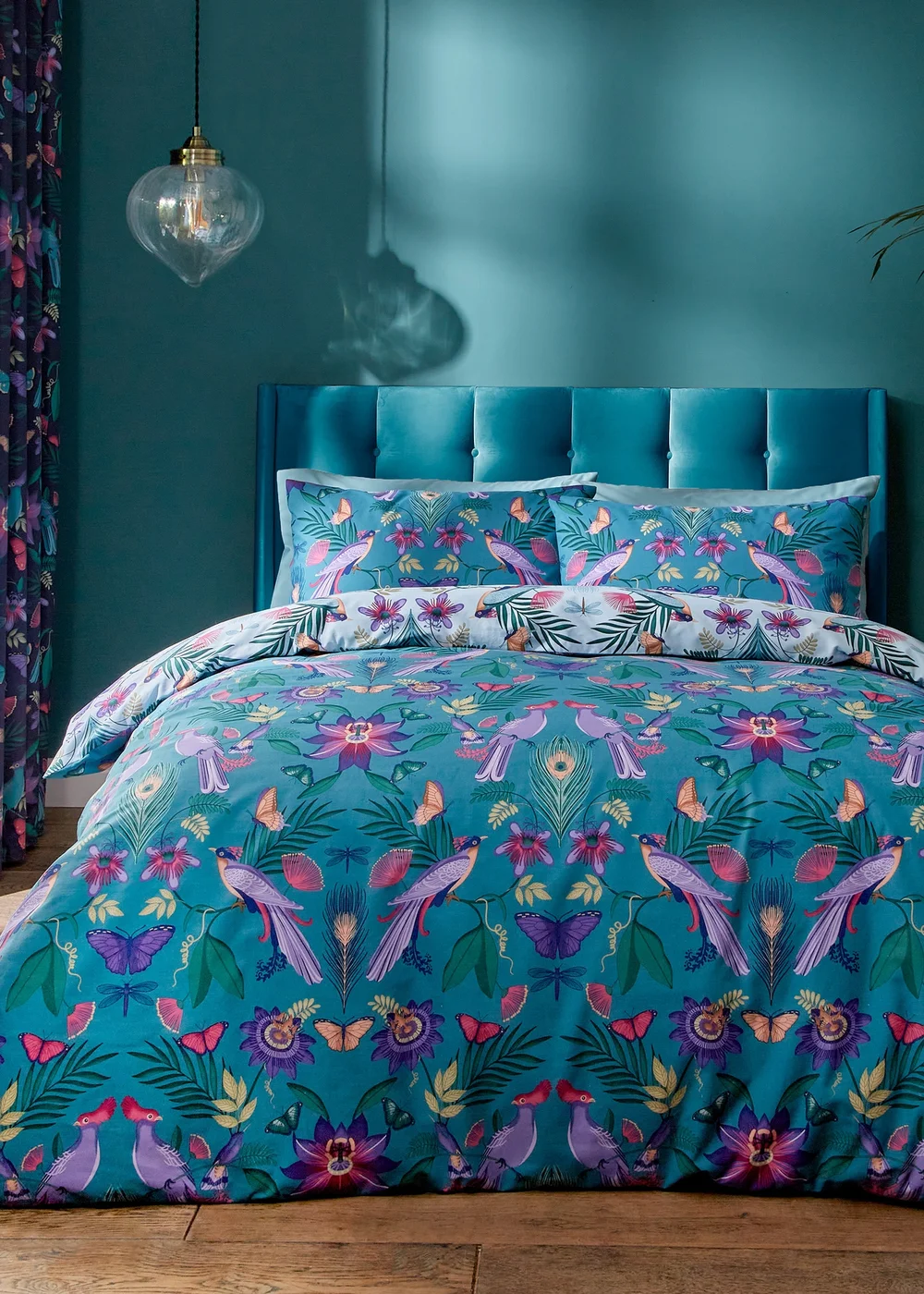 Catherine Lansfield Mya Tropical Floral Reversible Duvet Cover Set Duck egg Blue - Single Image 2