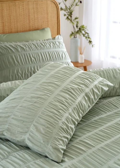 Catherine Lansfield Seersucker Duvet Cover Set Sage Green - Single Image 2