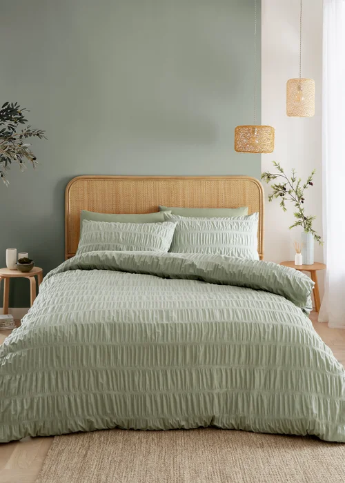 Catherine Lansfield Seersucker Duvet Cover Set Sage Green - Single Image 1