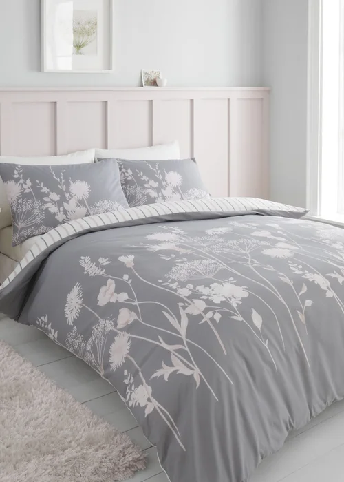Catherine Lansfield Meadowsweet Floral Reversible Duvet Cover Set Grey Pink - Single Image 1