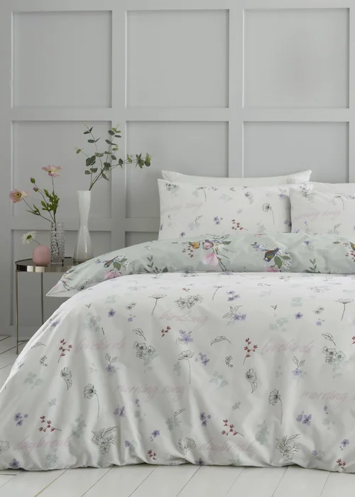Catherine Lansfield Songbird Reversible Duvet Cover Set Sage Green - Single Image 2