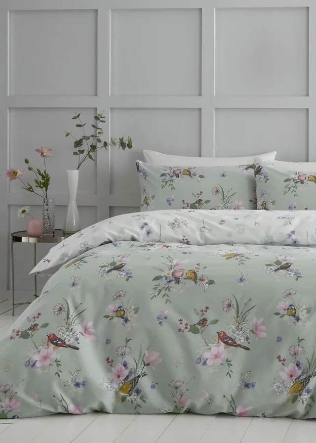 Catherine Lansfield Songbird Reversible Duvet Cover Set Sage Green