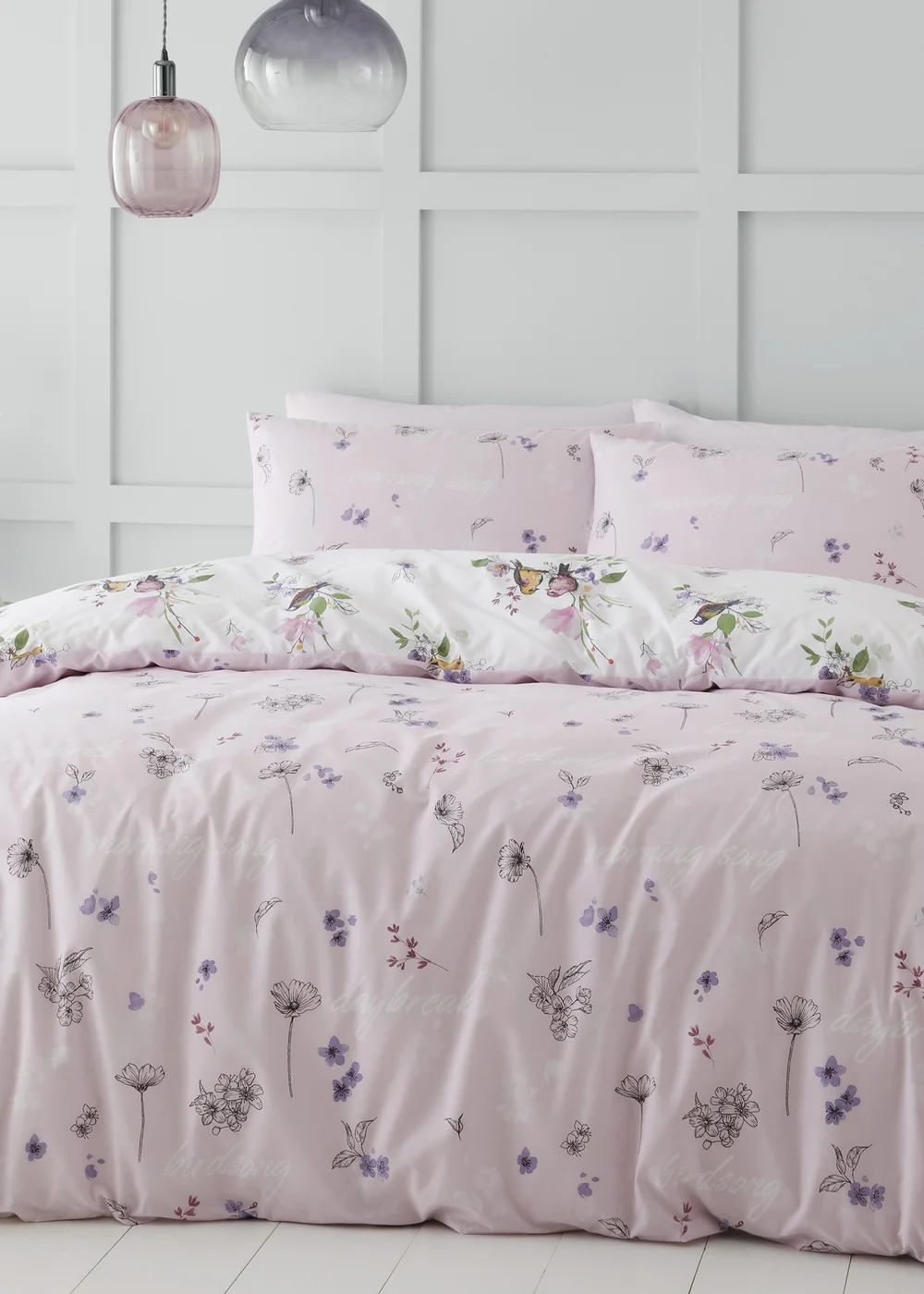 Catherine Lansfield Songbird Reversible Duvet Cover Set Pink - Single Image 2