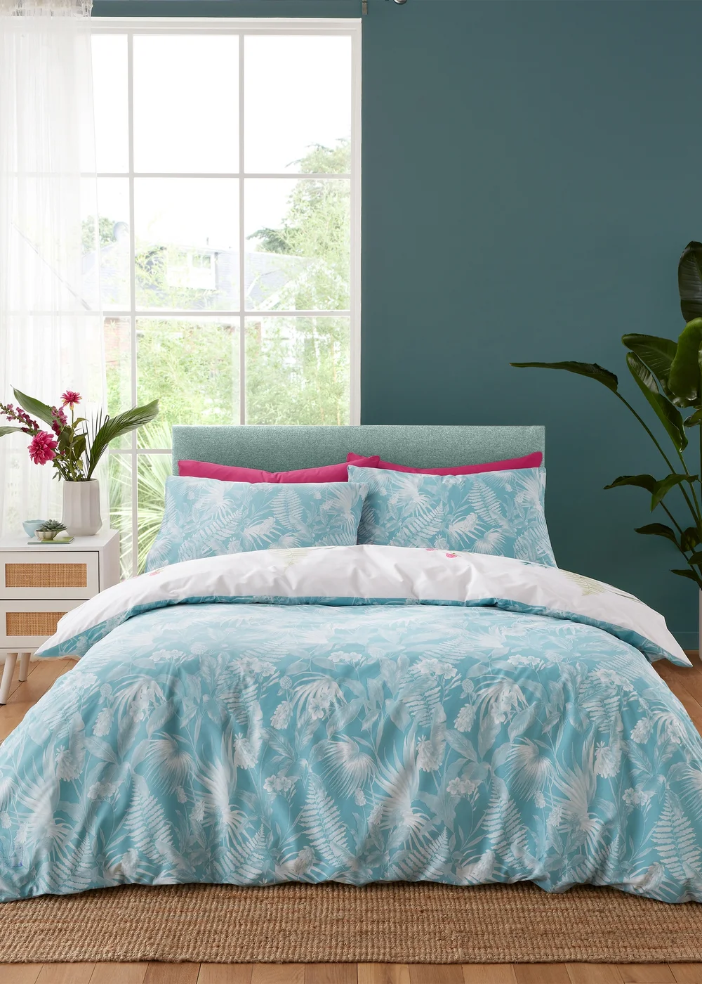 Catherine Lansfield Aruba Tropical Floral Reversible Duvet Cover Set Green - Single Image 2