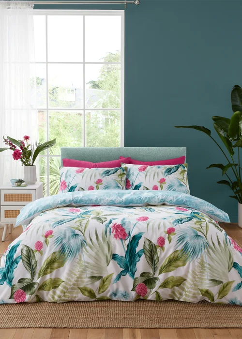 Catherine Lansfield Aruba Tropical Floral Reversible Duvet Cover Set Green - Single Image 1