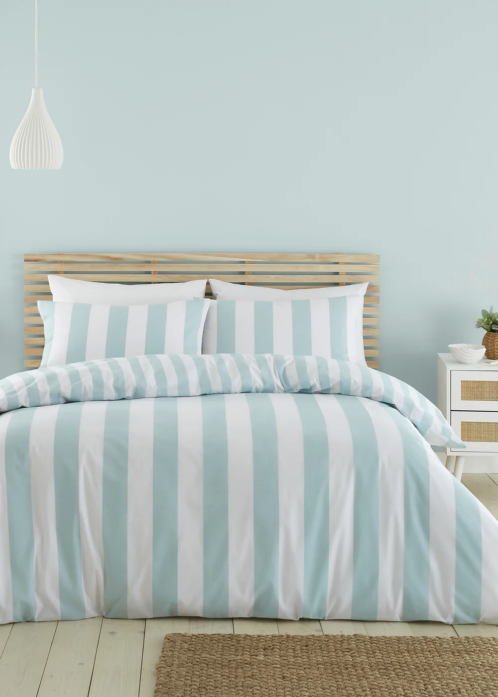 Catherine Lansfield Cove Stripe Reversible Duvet Cover Set Duck egg Blue - Single Image 1