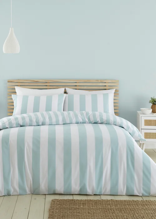 Catherine Lansfield Cove Stripe Reversible Duvet Cover Set Duck egg Blue - Single Image 1