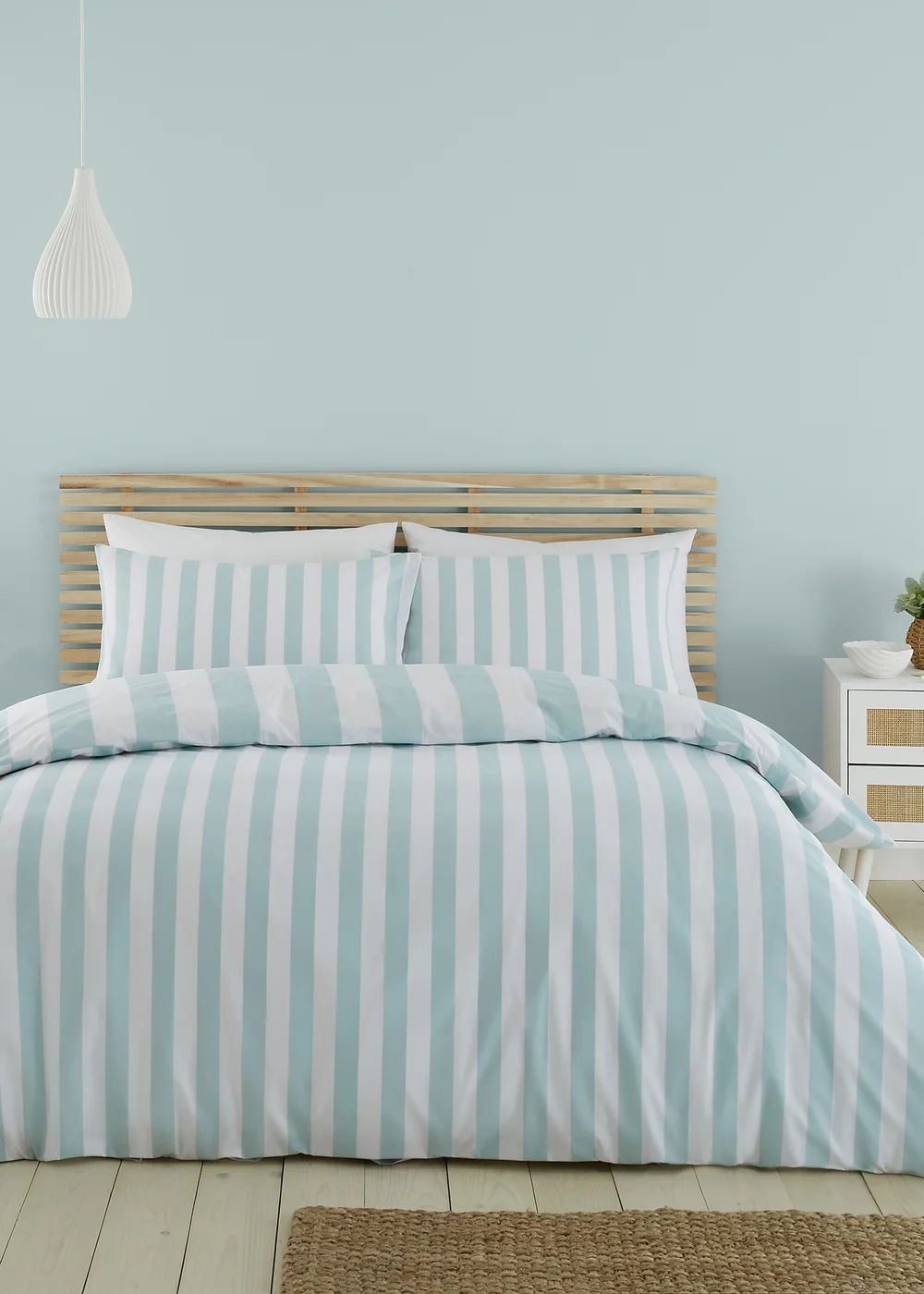 Catherine Lansfield Cove Stripe Reversible Duvet Cover Set Duck egg Blue - Single Image 2