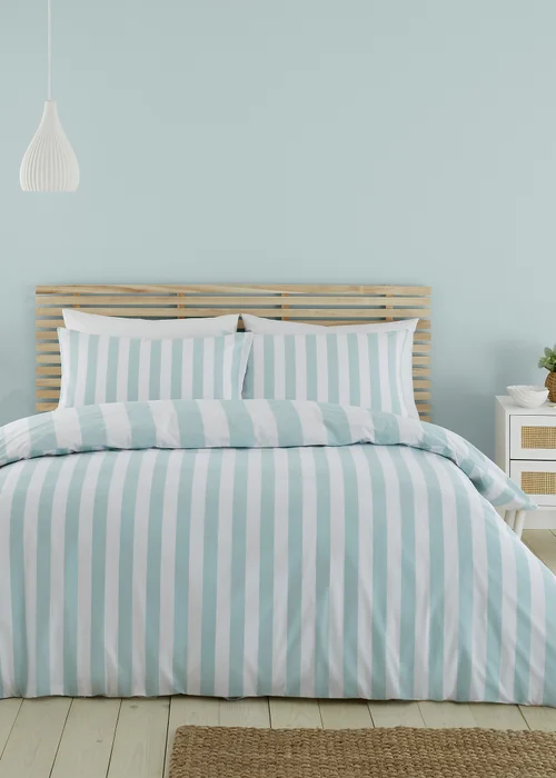 Catherine Lansfield Cove Stripe Reversible Duvet Cover Set Duck egg Blue - Single Image 2