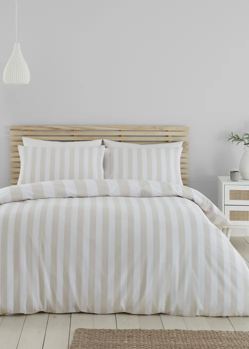 Catherine Lansfield Cove Stripe Reversible Duvet Cover Set Natural - Single Image 2