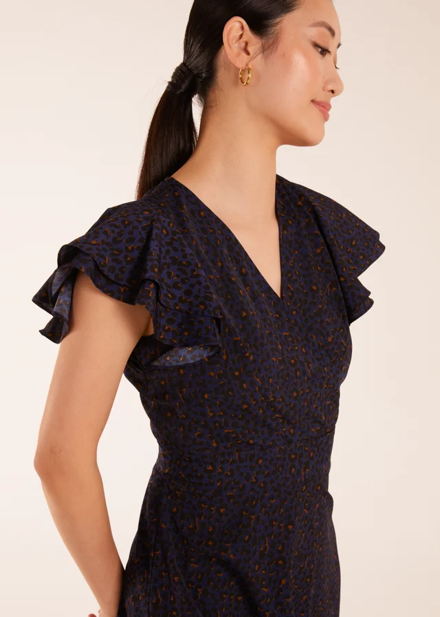 Blue Vanilla Leopard Print Wrap Ruffle Mini Dress