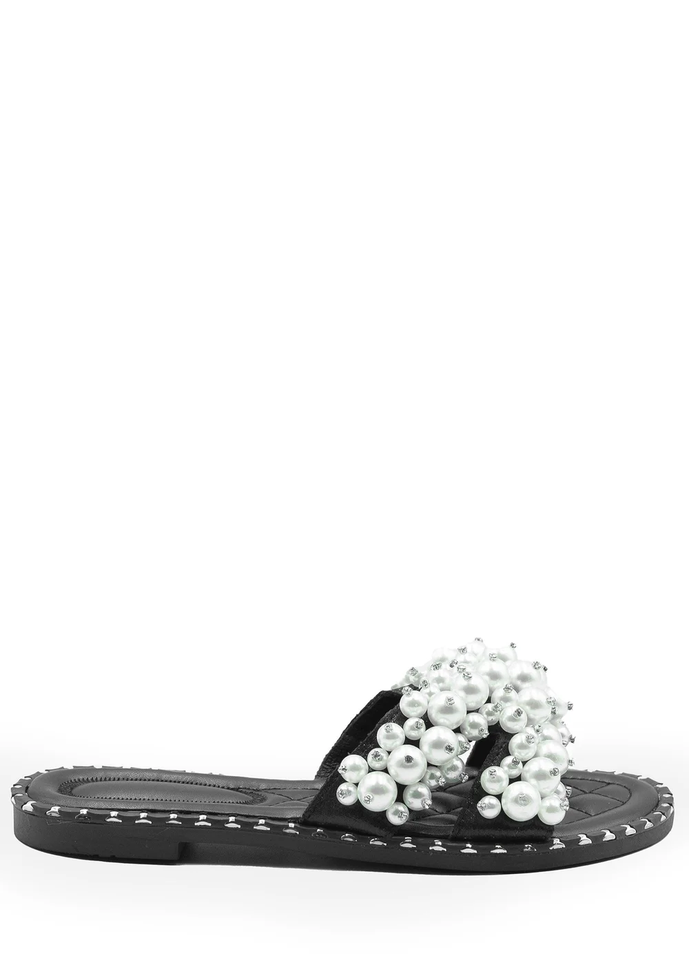 Where's That From Black Eve Pearl Embellished Flat Slider Sandals - Size 5 Image 1