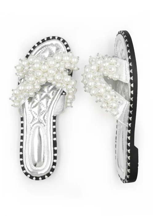 Where's That From Silver Eve Pearl Embellished Flat Slider Sandals - Size 3 Image 2