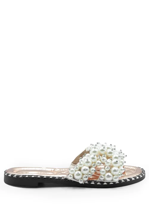 Where's That From Rose Gold Eve Pearl Embellished Flat Slider Sandals - 3 Image 1
