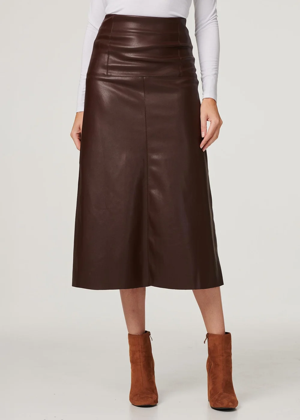 Izabel London Brown Faux Leather High Waist Midi Skirt - 24 Image 2