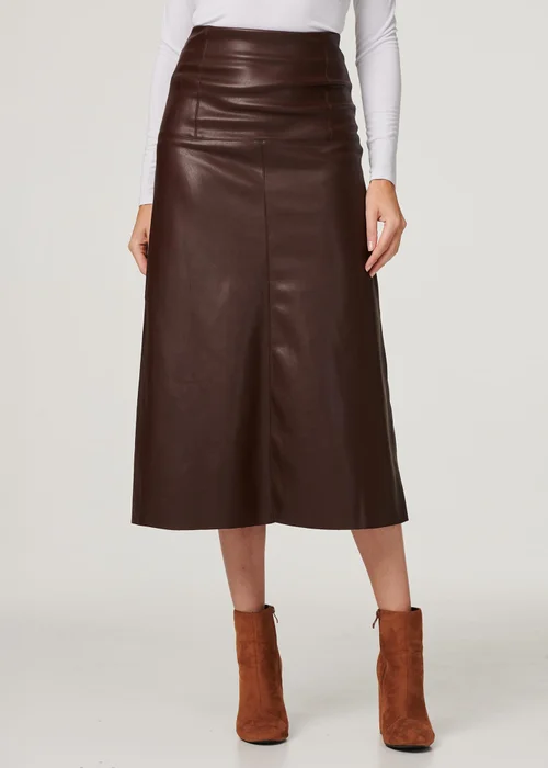 Izabel London Brown Faux Leather High Waist Midi Skirt - 24 Image 2