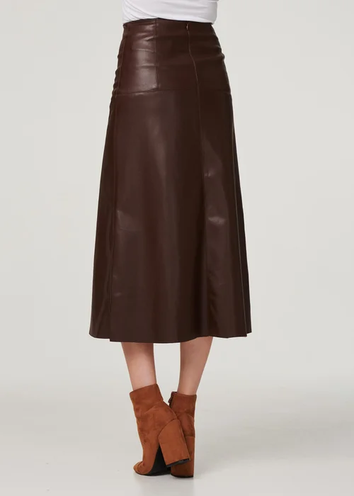 Izabel London Brown Faux Leather High Waist Midi Skirt - 24 Image 3