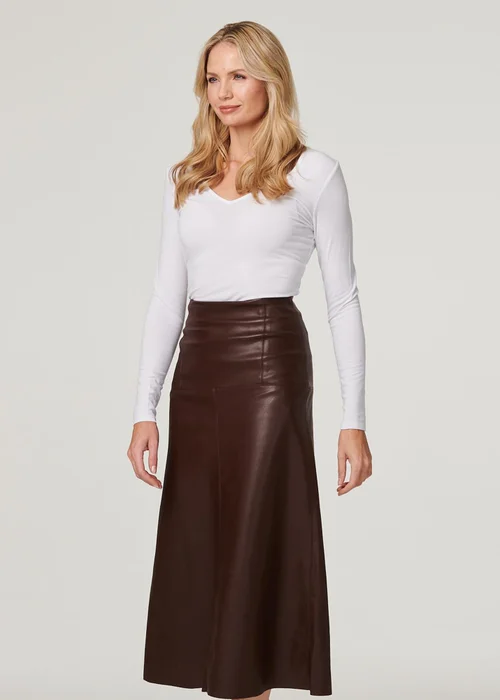 Izabel London Brown Faux Leather High Waist Midi Skirt - 24 Image 4