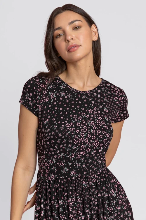 Roman Black Patchwork Floral Stretch Jersey Dress - Size 10 Image 4