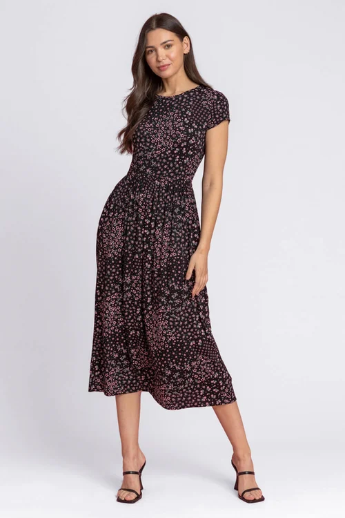 Roman Black Patchwork Floral Stretch Jersey Dress - Size 10 Image 3