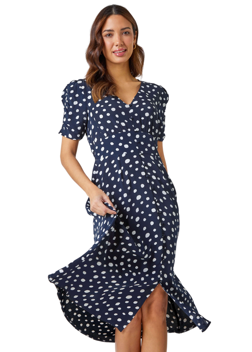 Roman Navy Polka Dot Ruched Sleeve Midi Dress - Size 14 Image 2