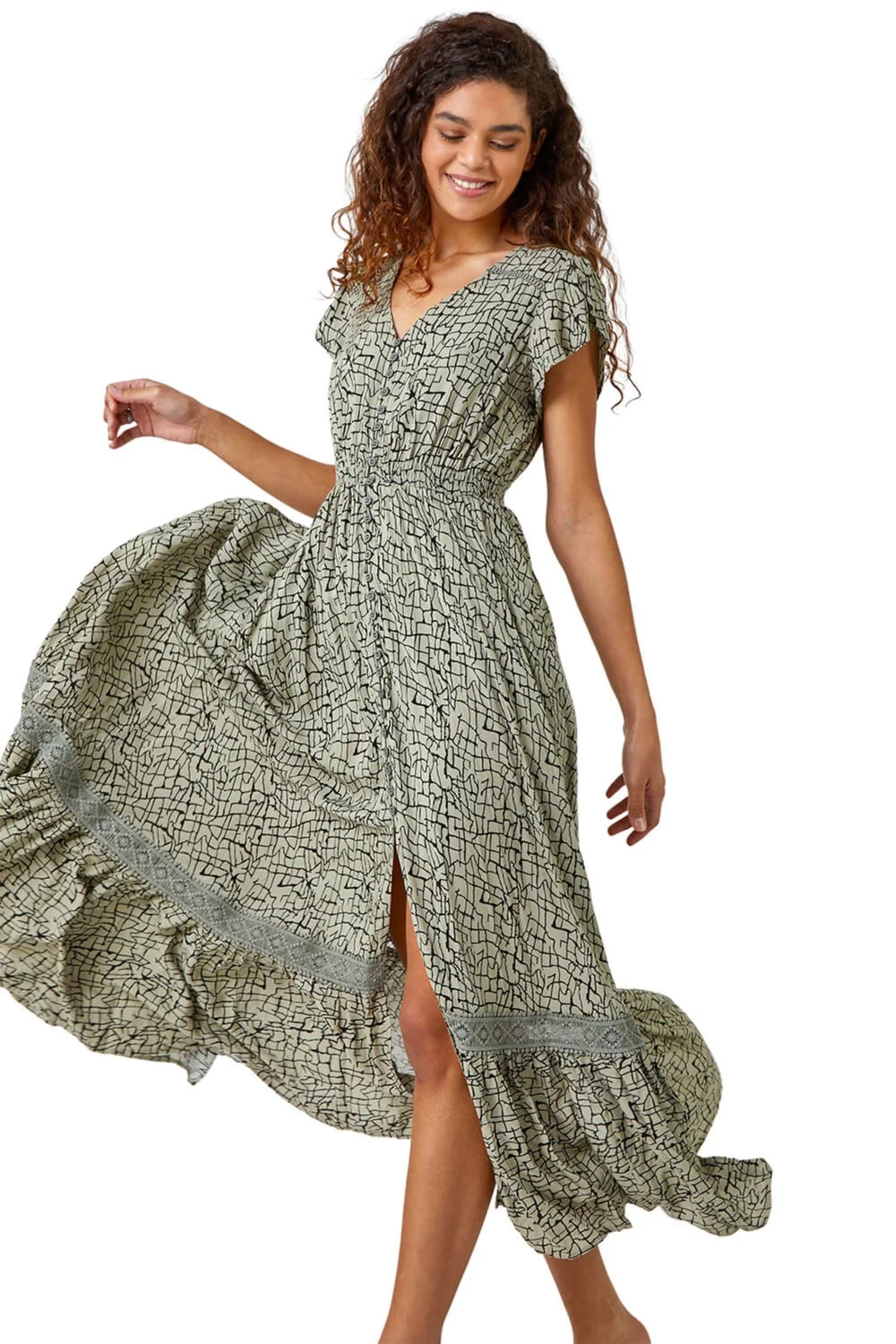 Roman Khaki Scribble Print Button Through Maxi Dress - Size 12 Image 1