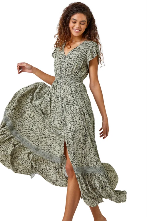 Roman Khaki Scribble Print Button Through Maxi Dress - Size 12 Image 1