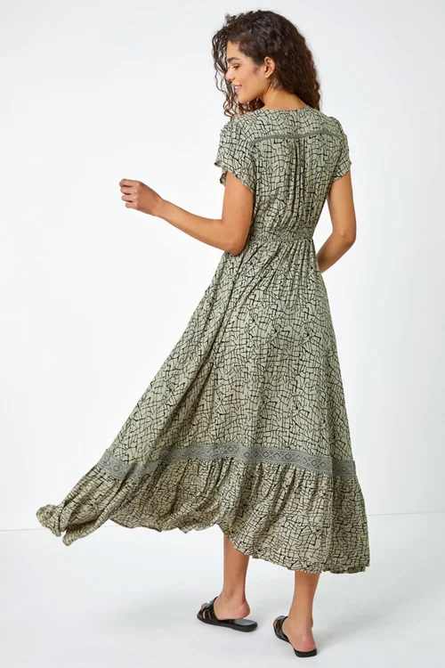 Roman Khaki Scribble Print Button Through Maxi Dress - Size 12 Image 3