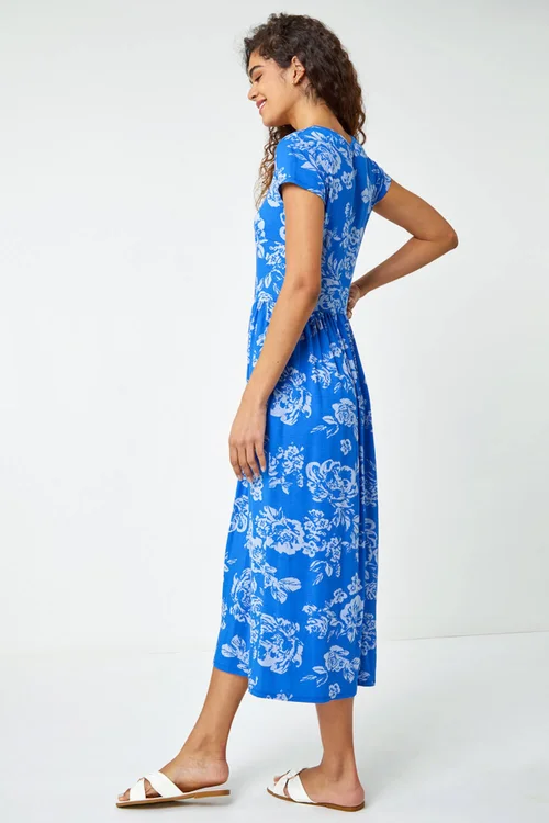 Roman Blue Floral Print Midi Stretch Dress - Size 14 Image 3