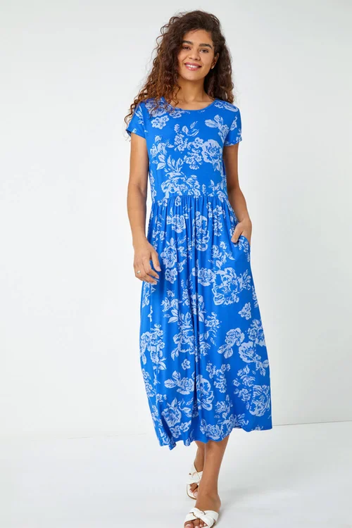 Roman Blue Floral Print Midi Stretch Dress - Size 14 Image 2