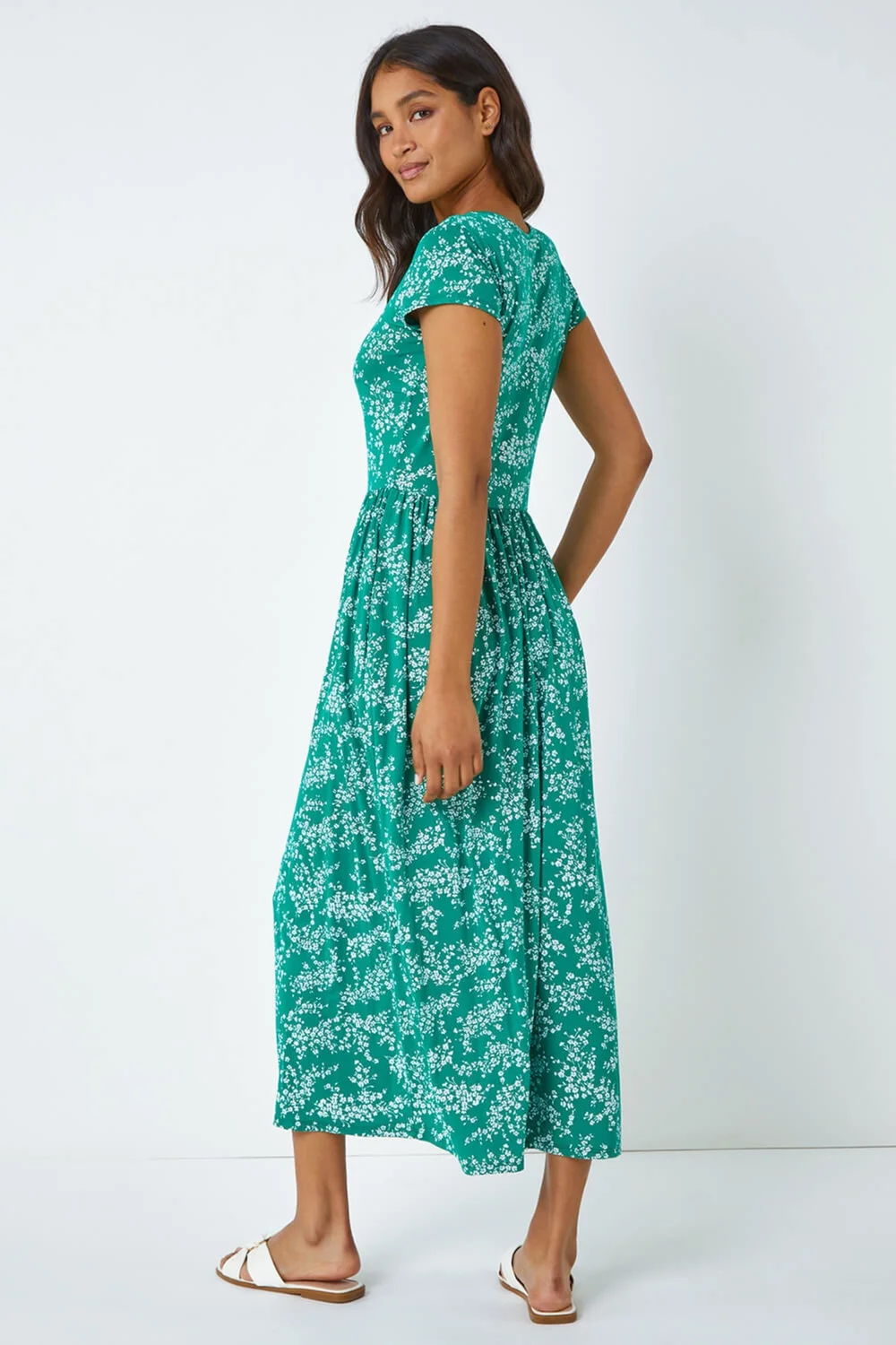Roman Green Ditsy Gathered Skirt Stretch Midi Dress - Size 12 Image 3