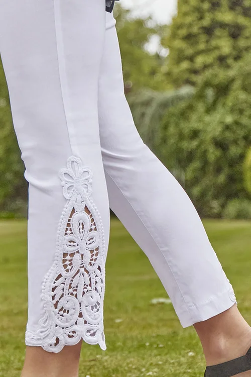 Roman White Lace Insert Elastic Waist Crop Trousers - 12 Image 3