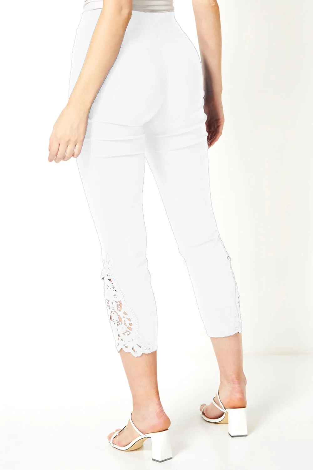 Roman White Lace Insert Elastic Waist Crop Trousers - 12 Image 2