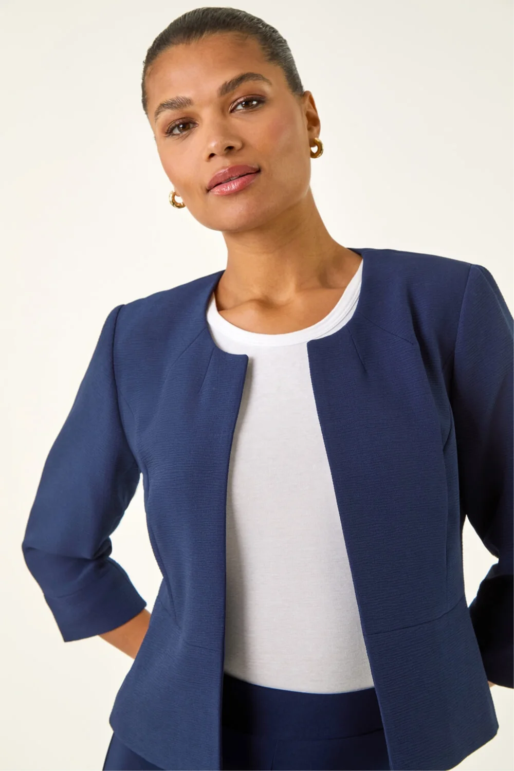Roman Navy Cropped Bolero Tailored Jaquard Jacket Wedding Shrug Fitted Blazer - 12 Image 1