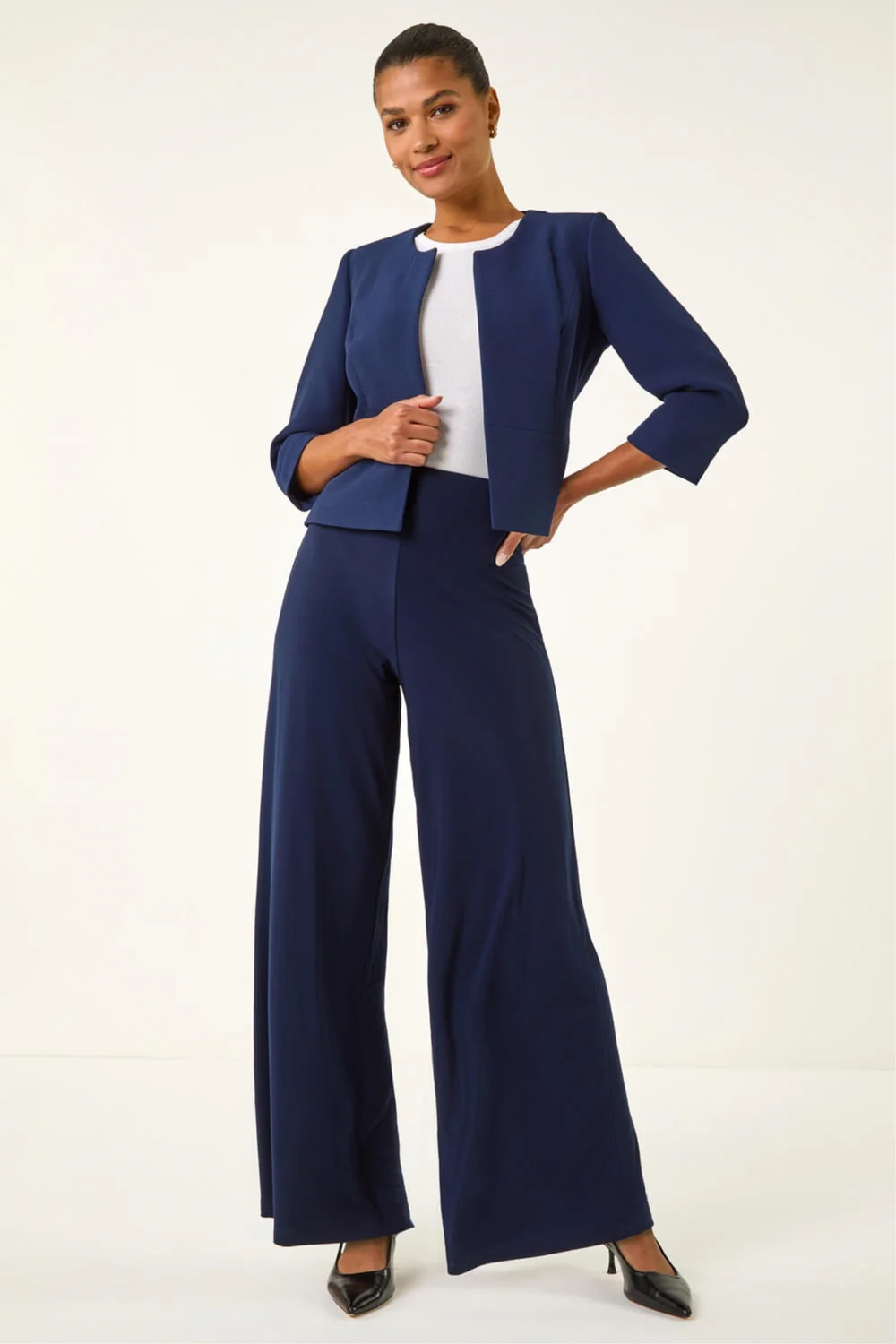 Roman Navy Cropped Bolero Tailored Jaquard Jacket Wedding Shrug Fitted Blazer - 12 Image 2