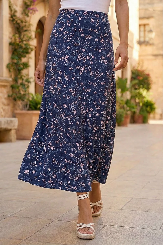 Roman Navy Floral Print Elastic Waist Midi Stretch Skirt
