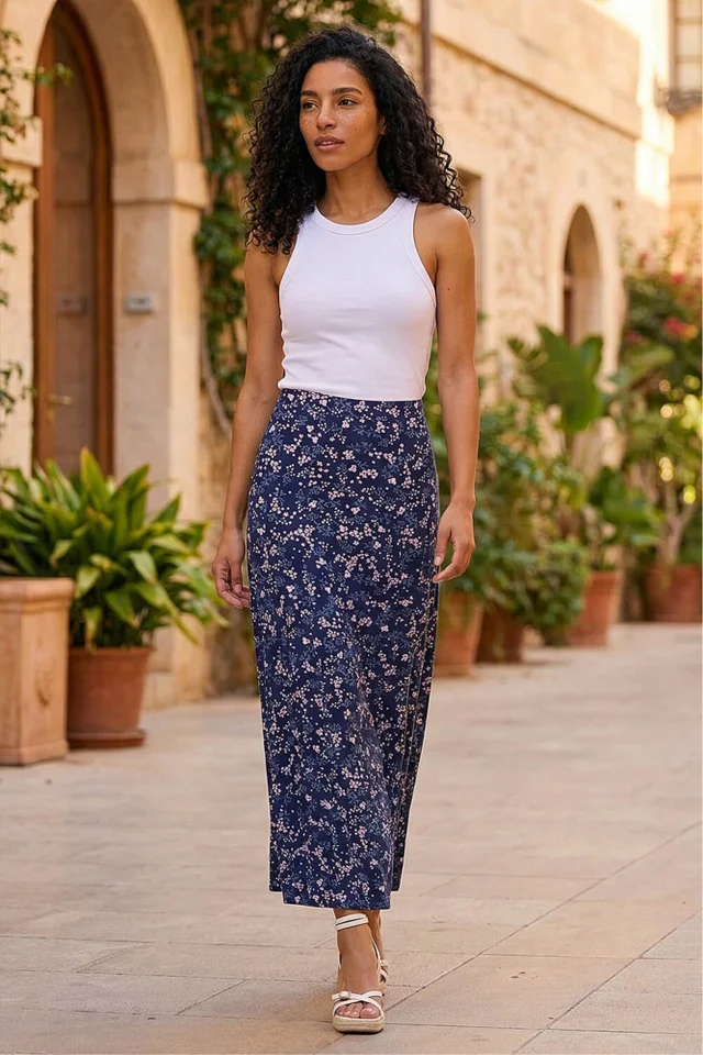 Roman Navy Floral Print Elastic Waist Midi Stretch Skirt