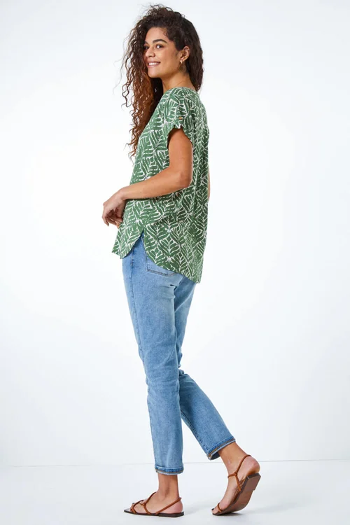 Roman Khaki Abstract Print Button Detail V-Neck Top - Size 12 Image 4