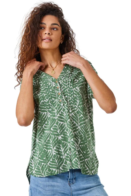 Roman Khaki Abstract Print Button Detail V-Neck Top - Size 12 Image 1