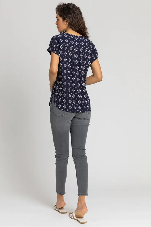 Roman Navy Aztec Print Button V-Neck Detail Top - Size 20 Image 2