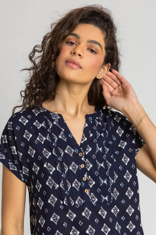 Roman Navy Aztec Print Button V-Neck Detail Top - Size 20 Image 4