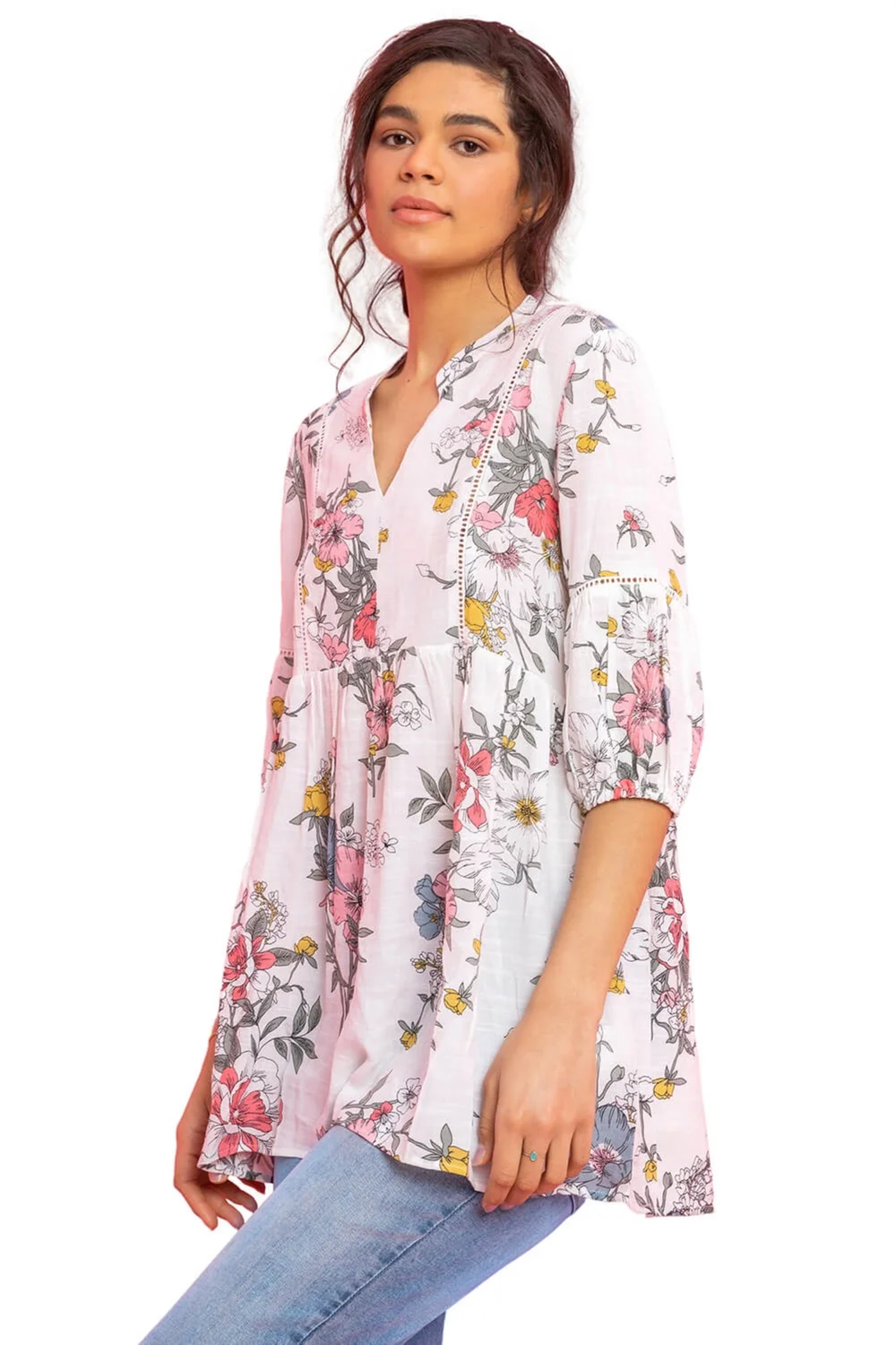 Roman White Floral Print Notch Neck Tunic Top - Size 10 Image 1