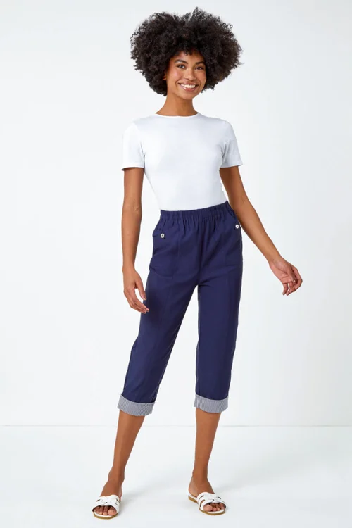Roman Navy Contrast Detail Cropped Stretch Trousers - 10 Image 3