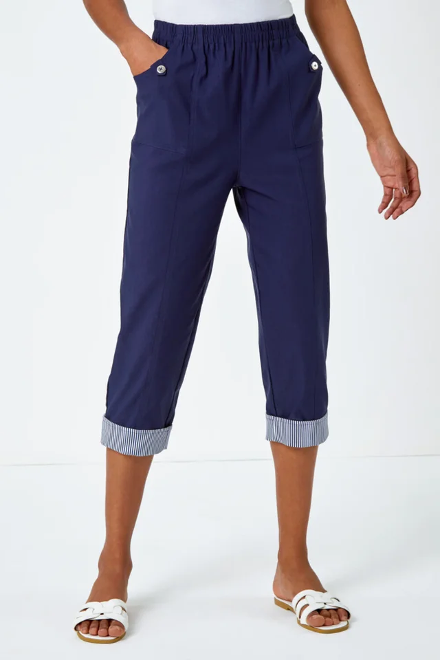 Roman Navy Contrast Detail Cropped Stretch Trousers