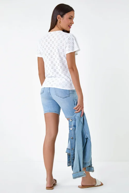 Roman Ivory V-Neck Broderie Stretch Jersey Tie Front Top - 20 Image 3